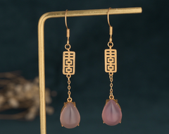 Pink Jade With Golden Happiness Earrings