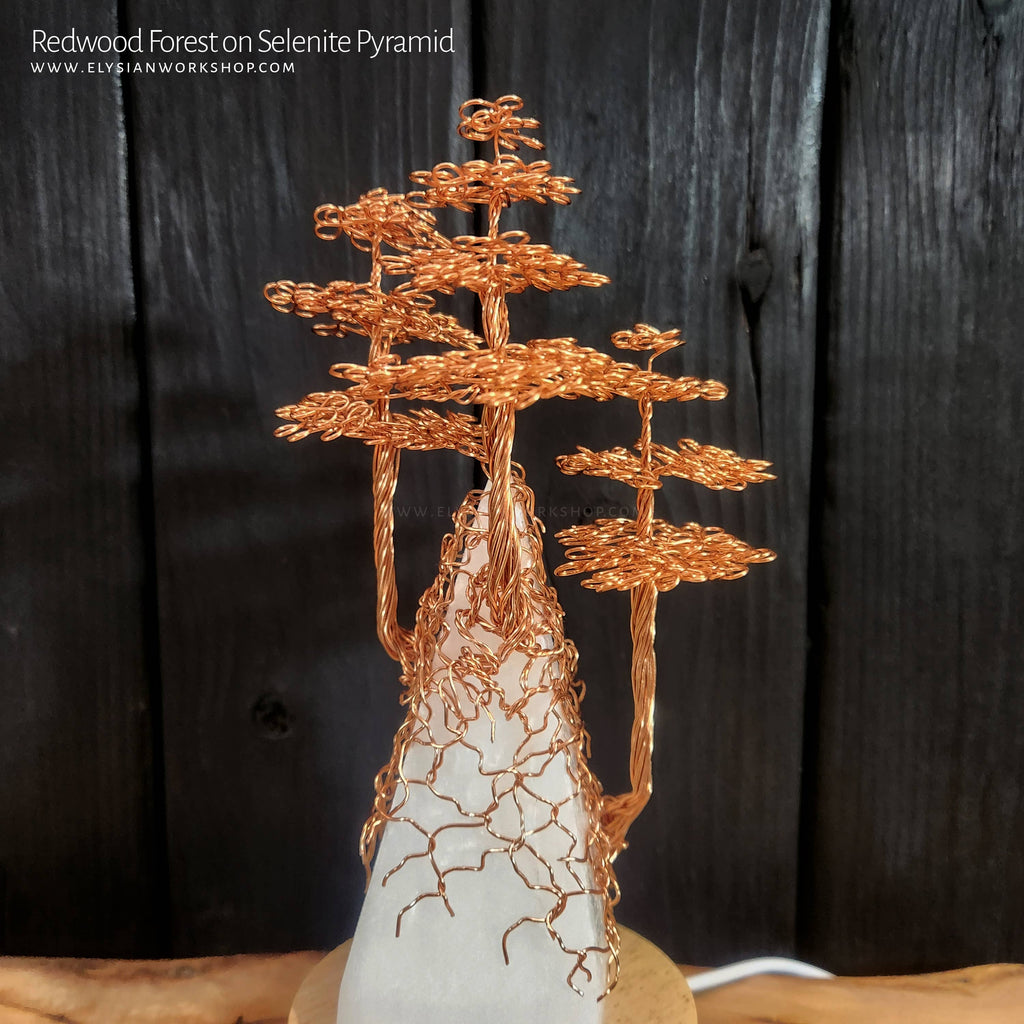 USB LED Lamp Copper Wire Pyramid Redwood Tree on Selenite