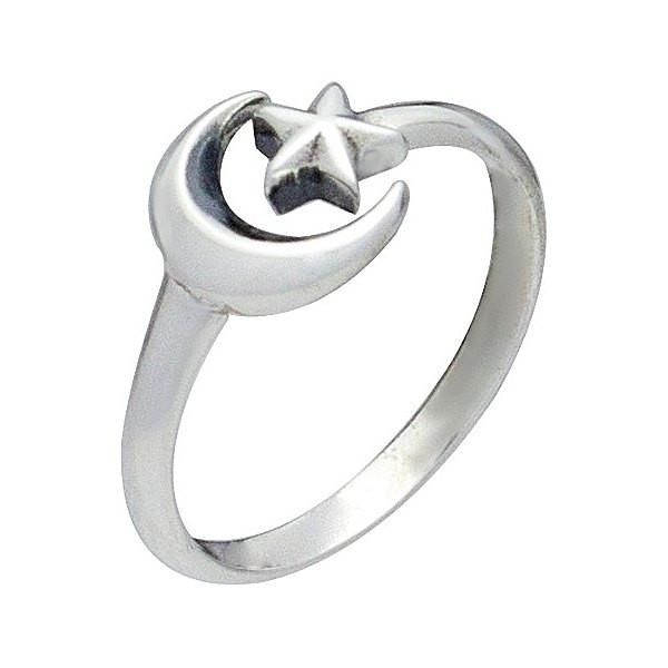 Celestial Star and Moon Ring in Sterling Silver, Adjustable